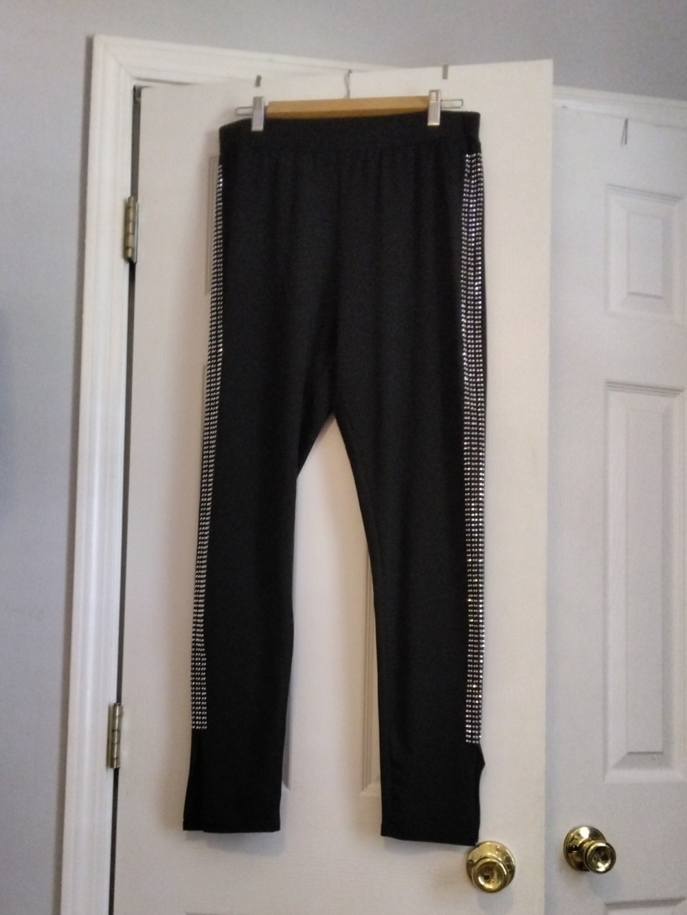 Black Women's Stretch Leggings with Side Rhinestone Trim